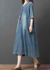Vestidos vintage de mezclilla azul con cuello en V y patchwork, media manga